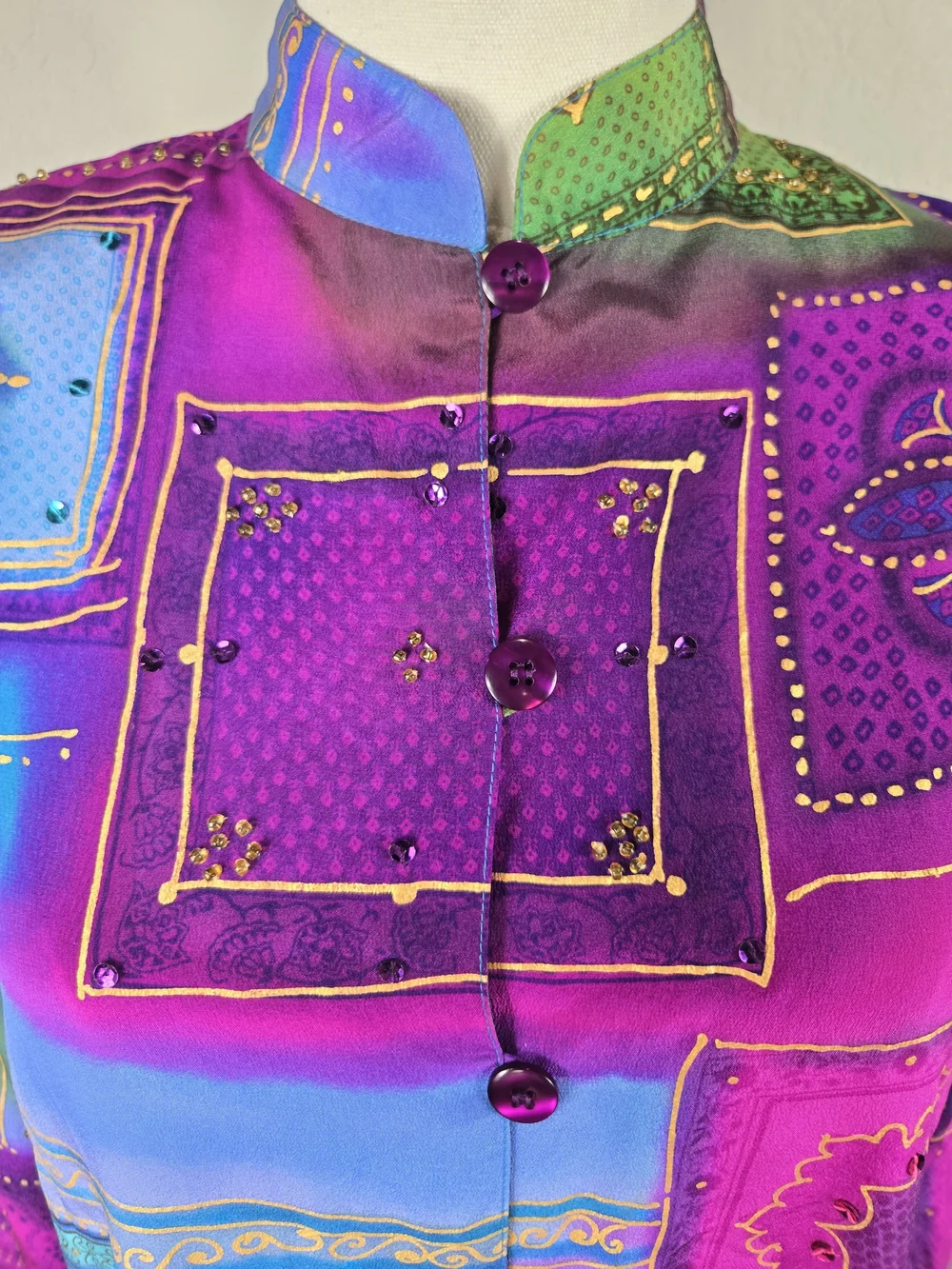 Vintage Diane Gilman 100% Silk Tunic M Jewel Tone Patchwork Art to Wear Y2K